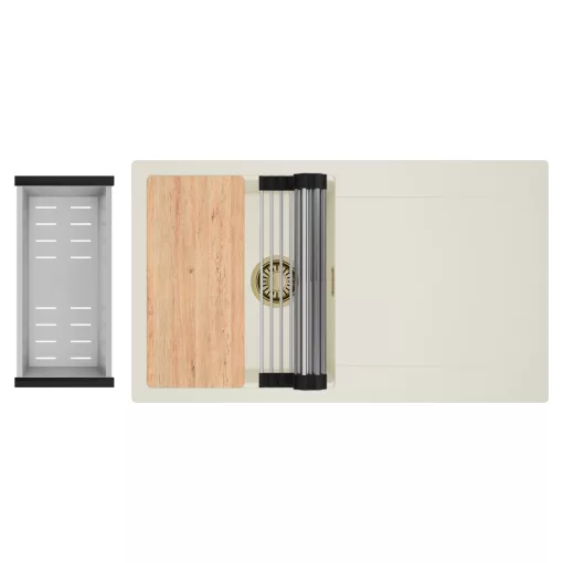 HD Onyx White 86 egymedencés gránit mosogatótálca szett, vágódeszkával, csepegtetőtálcával, vágódeszkával, acél csepegtetőráccsal és kosárral, tört fehér színben, szálcsiszolt arany leeresztő szifonnal