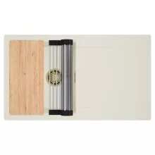 HD Onyx White 86 egymedencés gránit mosogatótálca szett, vágódeszkával, csepegtetőtálcával, vágódeszkával, acél csepegtetőráccsal, tört fehér színben, szálcsiszolt arany leeresztő szifonnal