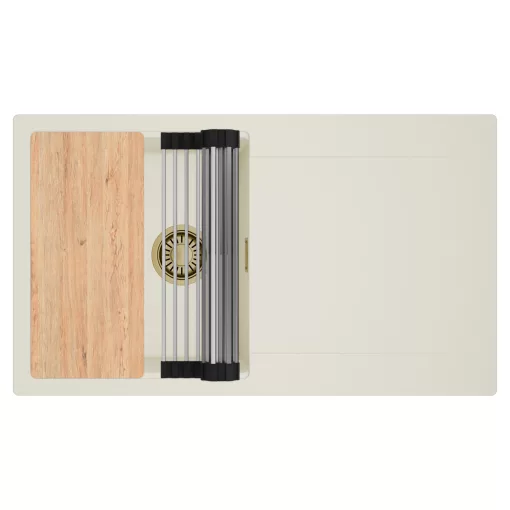 HD Onyx White 86 egymedencés gránit mosogatótálca szett, vágódeszkával, csepegtetőtálcával, vágódeszkával, acél csepegtetőráccsal, tört fehér színben, szálcsiszolt arany leeresztő szifonnal