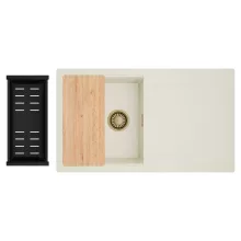 HD Onyx White 86 egymedencés gránit mosogatótálca szett, vágódeszkával, csepegtetőtálcával, vágódeszkával, matt fekete csepegtetőkosárral, tört fehér színben, szálcsiszolt arany leeresztő szifonnal