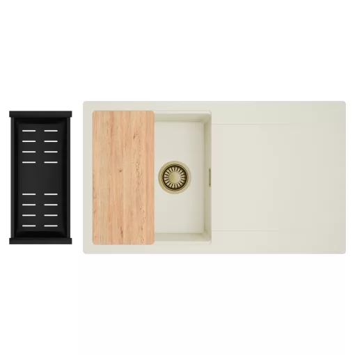 HD Onyx White 86 egymedencés gránit mosogatótálca szett, vágódeszkával, csepegtetőtálcával, vágódeszkával, matt fekete csepegtetőkosárral, tört fehér színben, szálcsiszolt arany leeresztő szifonnal