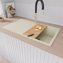 HD Onyx White 86 egymedencés gránit mosogatótálca szett, vágódeszkával, csepegtetőtálcával, vágódeszkával, matt fekete csepegtetőkosárral, tört fehér színben, szálcsiszolt arany leeresztő szifonnal