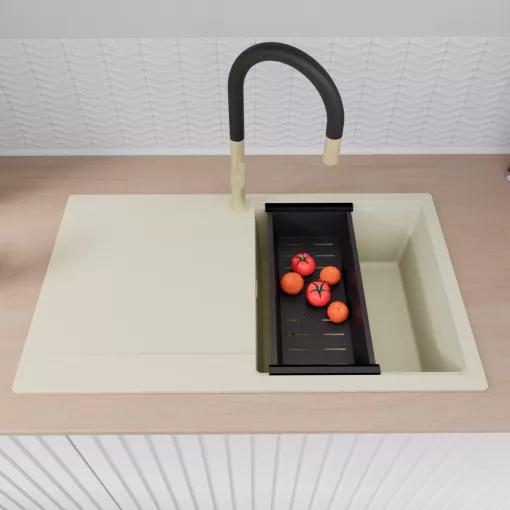 HD Onyx White 86 egymedencés gránit mosogatótálca szett, vágódeszkával, csepegtetőtálcával, vágódeszkával, matt fekete csepegtetőkosárral, tört fehér színben, szálcsiszolt arany leeresztő szifonnal