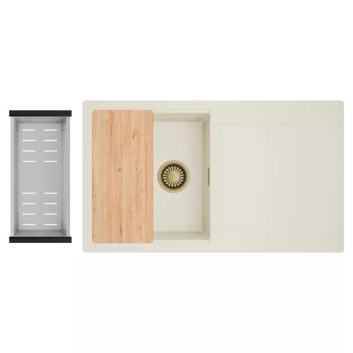 HD Onyx White 86 egymedencés gránit mosogatótálca szett, vágódeszkával, csepegtetőtálcával, vágódeszkával, acél csepegtetőkosárral, tört fehér színben, szálcsiszolt arany leeresztő szifonnal