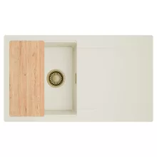 HD Onyx White 86 egymedencés gránit mosogatótálca, vágódeszkával, vágódeszkával, tört fehér színben, szálcsiszolt arany leeresztő szifonnal