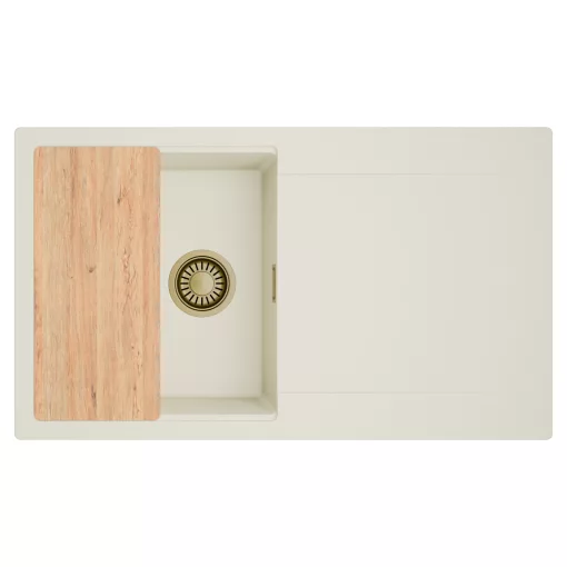 HD Onyx White 86 egymedencés gránit mosogatótálca, vágódeszkával, vágódeszkával, tört fehér színben, szálcsiszolt arany leeresztő szifonnal