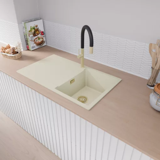 HD Onyx White 86 egymedencés gránit mosogatótálca, vágódeszkával, vágódeszkával, tört fehér színben, szálcsiszolt arany leeresztő szifonnal