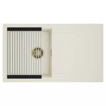 HD Onyx White 86 egymedencés mosogatótálca szett, acél csepegtetőráccsal, csepegtetőtálcával, tört fehér színben, szálcsiszolt arany leeresztő szifonnal