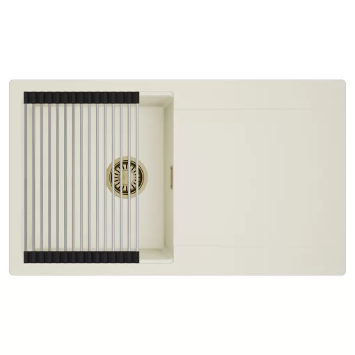 HD Onyx White 86 egymedencés mosogatótálca szett, acél csepegtetőráccsal, csepegtetőtálcával, tört fehér színben, szálcsiszolt arany leeresztő szifonnal