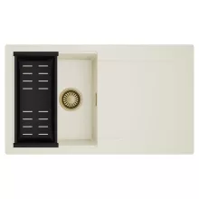 HD Onyx White 86 egymedencés mosogatótálca szett, matt fekete csepegtetőkosárral, csepegtetőtálcával, tört fehér színben, szálcsiszolt arany leeresztő szifonnal