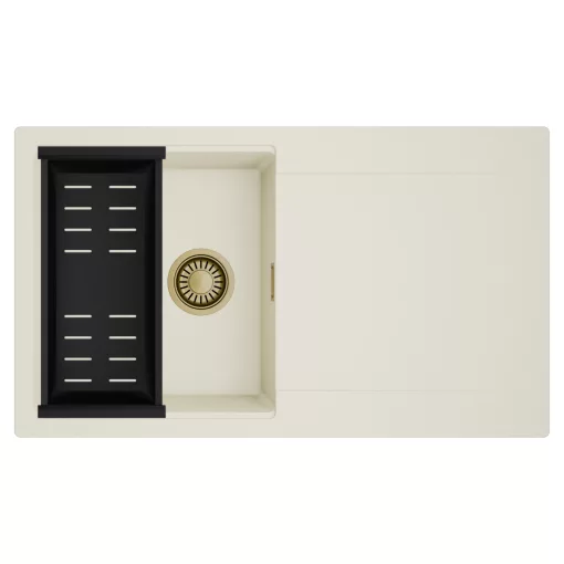 HD Onyx White 86 egymedencés mosogatótálca szett, matt fekete csepegtetőkosárral, csepegtetőtálcával, tört fehér színben, szálcsiszolt arany leeresztő szifonnal