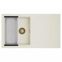 HD Onyx White 86 egymedencés mosogatótálca szett, acél csepegtetőkosárral, csepegtetőtálcával, tört fehér színben, szálcsiszolt arany leeresztő szifonnal