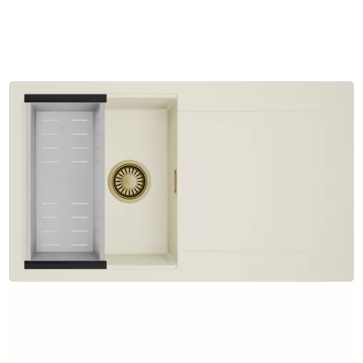 HD Onyx White 86 egymedencés mosogatótálca szett, acél csepegtetőkosárral, csepegtetőtálcával, tört fehér színben, szálcsiszolt arany leeresztő szifonnal