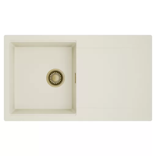 HD Onyx White 86 egymedencés mosogatótálca, csepegtetőtálcával, tört fehér színben, szálcsiszolt arany leeresztő szifonnal