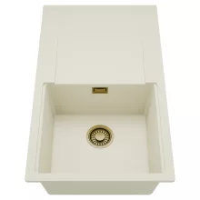 HD Onyx White 86 egymedencés mosogatótálca, csepegtetőtálcával, tört fehér színben, szálcsiszolt arany leeresztő szifonnal