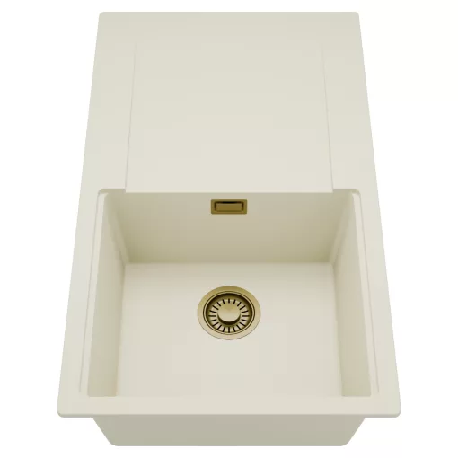 HD Onyx White 86 egymedencés mosogatótálca, csepegtetőtálcával, tört fehér színben, szálcsiszolt arany leeresztő szifonnal