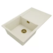 HD Onyx White 86 egymedencés mosogatótálca, csepegtetőtálcával, tört fehér színben, szálcsiszolt arany leeresztő szifonnal