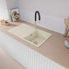 HD Onyx White 86 egymedencés mosogatótálca, csepegtetőtálcával, tört fehér színben, szálcsiszolt arany leeresztő szifonnal