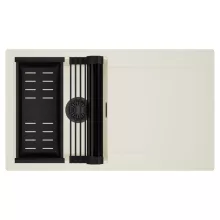 HD Onyx White 86 egymedencés mosogatótálca szett, matt fekete csepegtetőráccsal és kosárral, csepegtetőtálcával, tört fehér színben, matt fekete leeresztő szifonnal