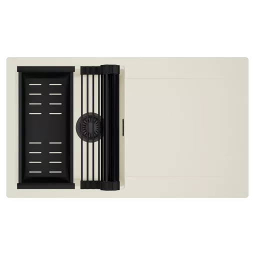 HD Onyx White 86 egymedencés mosogatótálca szett, matt fekete csepegtetőráccsal és kosárral, csepegtetőtálcával, tört fehér színben, matt fekete leeresztő szifonnal