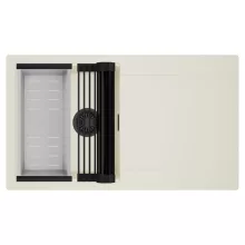 HD Onyx White 86 egymedencés mosogatótálca szett, matt fekete csepegtetőráccsal és krómozott kosárral, csepegtetőtálcával, tört fehér színben, matt fekete leeresztő szifonnal