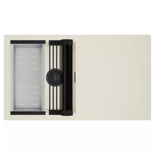 HD Onyx White 86 egymedencés mosogatótálca szett, matt fekete csepegtetőráccsal és krómozott kosárral, csepegtetőtálcával, tört fehér színben, matt fekete leeresztő szifonnal