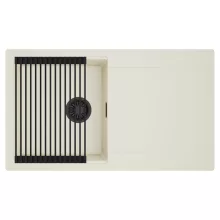 HD Onyx White 86 egymedencés mosogatótálca szett, matt fekete csepegtetőráccsal, csepegtetőtálcával, tört fehér színben, matt fekete leeresztő szifonnal