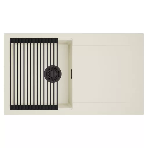 HD Onyx White 86 egymedencés mosogatótálca szett, matt fekete csepegtetőráccsal, csepegtetőtálcával, tört fehér színben, matt fekete leeresztő szifonnal