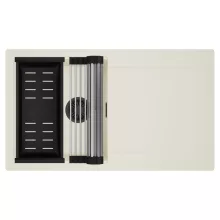 HD Onyx White 86 egymedencés mosogatótálca szett, acél csepegtetőráccsal és matt fekete kosárral, csepegtetőtálcával, tört fehér színben, matt fekete leeresztő szifonnal