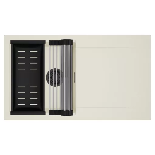 HD Onyx White 86 egymedencés mosogatótálca szett, acél csepegtetőráccsal és matt fekete kosárral, csepegtetőtálcával, tört fehér színben, matt fekete leeresztő szifonnal