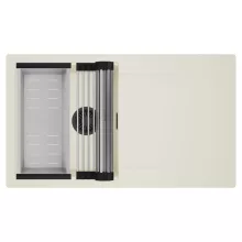 HD Onyx White 86 egymedencés mosogatótálca szett, acél csepegtetőráccsal és kosárral, csepegtetőtálcával, tört fehér színben, matt fekete leeresztő szifonnal