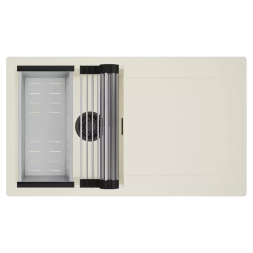 HD Onyx White 86 egymedencés mosogatótálca szett, acél csepegtetőráccsal és kosárral, csepegtetőtálcával, tört fehér színben, matt fekete leeresztő szifonnal