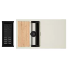 HD Onyx White 86 egymedencés gránit mosogatótálca szett, vágódeszkával, csepegtetőtálcával, vágódeszkával, matt fekete csepegtetőráccsal és kosárral, tört fehér színben, matt fekete leeresztő szifonnal