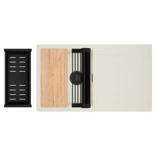 HD Onyx White 86 egymedencés gránit mosogatótálca szett, vágódeszkával, csepegtetőtálcával, vágódeszkával, matt fekete csepegtetőráccsal és kosárral, tört fehér színben, matt fekete leeresztő szifonnal