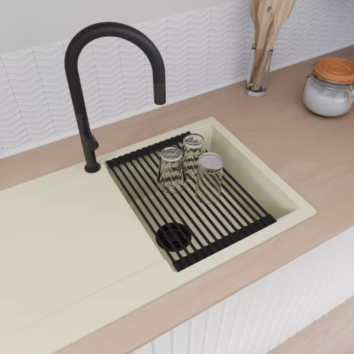 HD Onyx White 86 egymedencés gránit mosogatótálca szett, vágódeszkával, csepegtetőtálcával, vágódeszkával, matt fekete csepegtetőráccsal és kosárral, tört fehér színben, matt fekete leeresztő szifonnal