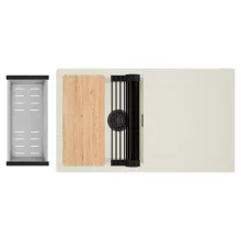 HD Onyx White 86 egymedencés gránit mosogatótálca szett, vágódeszkával, csepegtetőtálcával, vágódeszkával, matt fekete csepegtetőráccsal és krómozott kosárral, tört fehér színben, matt fekete leeresztő szifonnal