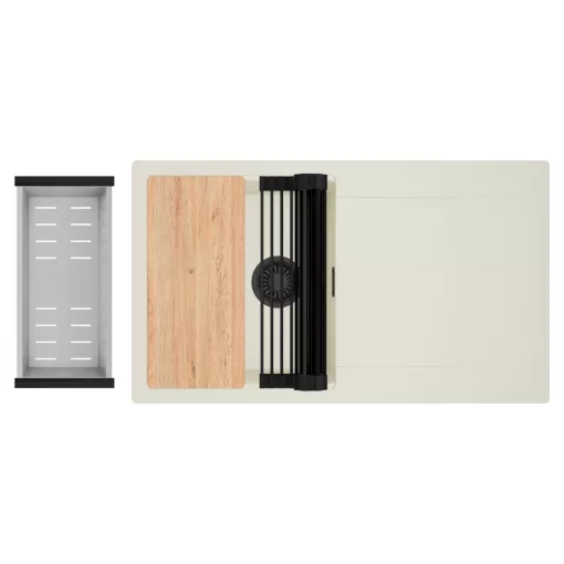 HD Onyx White 86 egymedencés gránit mosogatótálca szett, vágódeszkával, csepegtetőtálcával, vágódeszkával, matt fekete csepegtetőráccsal és krómozott kosárral, tört fehér színben, matt fekete leeresztő szifonnal