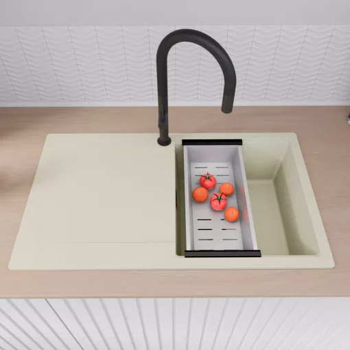 HD Onyx White 86 egymedencés gránit mosogatótálca szett, vágódeszkával, csepegtetőtálcával, vágódeszkával, matt fekete csepegtetőráccsal és krómozott kosárral, tört fehér színben, matt fekete leeresztő szifonnal