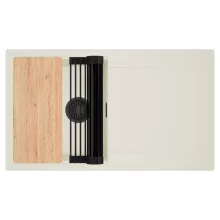 HD Onyx White 86 egymedencés gránit mosogatótálca szett, vágódeszkával, csepegtetőtálcával, vágódeszkával, matt fekete csepegtetőráccsal, tört fehér színben, matt fekete leeresztő szifonnal