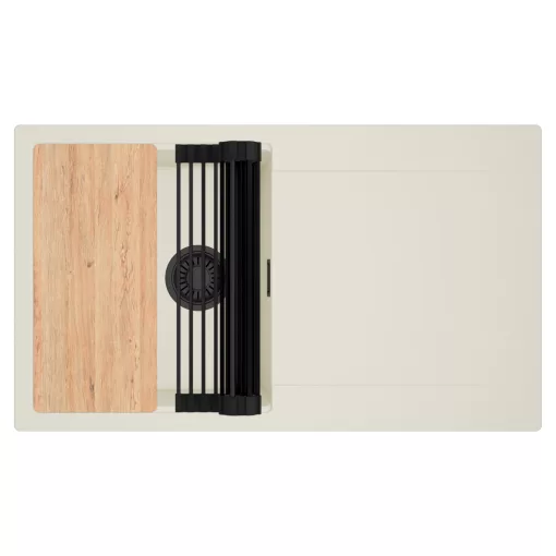 HD Onyx White 86 egymedencés gránit mosogatótálca szett, vágódeszkával, csepegtetőtálcával, vágódeszkával, matt fekete csepegtetőráccsal, tört fehér színben, matt fekete leeresztő szifonnal