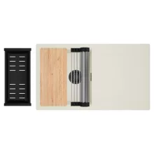 HD Onyx White 86 egymedencés gránit mosogatótálca szett, vágódeszkával, csepegtetőtálcával, vágódeszkával, acél csepegtetőráccsal és matt fekete kosárral, tört fehér színben, matt fekete leeresztő szifonnal