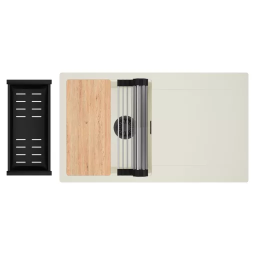 HD Onyx White 86 egymedencés gránit mosogatótálca szett, vágódeszkával, csepegtetőtálcával, vágódeszkával, acél csepegtetőráccsal és matt fekete kosárral, tört fehér színben, matt fekete leeresztő szifonnal