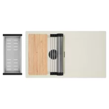 HD Onyx White 86 egymedencés gránit mosogatótálca szett, vágódeszkával, csepegtetőtálcával, vágódeszkával, acél csepegtetőráccsal és kosárral, tört fehér színben, matt fekete leeresztő szifonnal