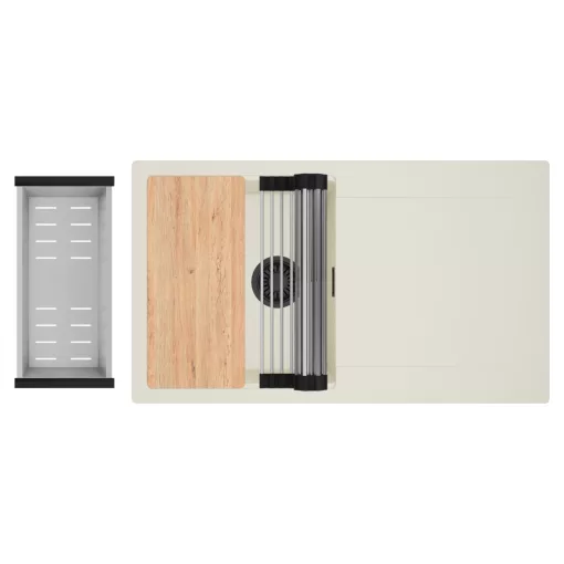 HD Onyx White 86 egymedencés gránit mosogatótálca szett, vágódeszkával, csepegtetőtálcával, vágódeszkával, acél csepegtetőráccsal és kosárral, tört fehér színben, matt fekete leeresztő szifonnal