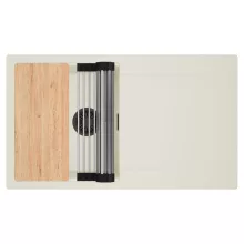 HD Onyx White 86 egymedencés gránit mosogatótálca szett, vágódeszkával, csepegtetőtálcával, vágódeszkával, acél csepegtetőráccsal, tört fehér színben, matt fekete leeresztő szifonnal