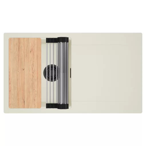 HD Onyx White 86 egymedencés gránit mosogatótálca szett, vágódeszkával, csepegtetőtálcával, vágódeszkával, acél csepegtetőráccsal, tört fehér színben, matt fekete leeresztő szifonnal