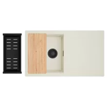 HD Onyx White 86 egymedencés gránit mosogatótálca szett, vágódeszkával, csepegtetőtálcával, vágódeszkával, matt fekete csepegtetőkosárral, tört fehér színben, matt fekete leeresztő szifonnal