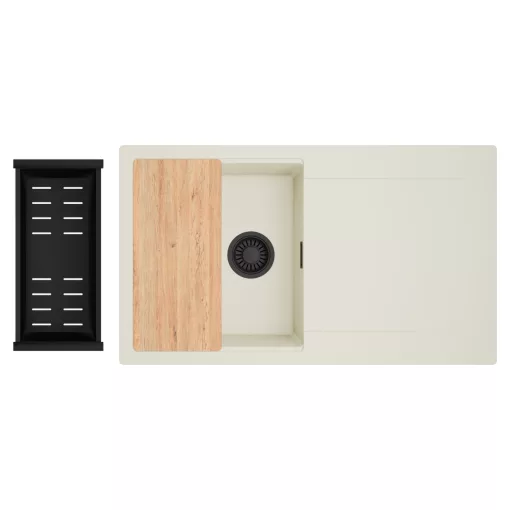 HD Onyx White 86 egymedencés gránit mosogatótálca szett, vágódeszkával, csepegtetőtálcával, vágódeszkával, matt fekete csepegtetőkosárral, tört fehér színben, matt fekete leeresztő szifonnal