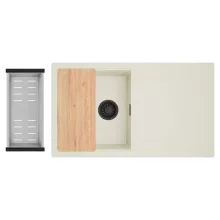 HD Onyx White 86 egymedencés gránit mosogatótálca szett, vágódeszkával, csepegtetőtálcával, vágódeszkával, acél csepegtetőkosárral, tört fehér színben, matt fekete leeresztő szifonnal