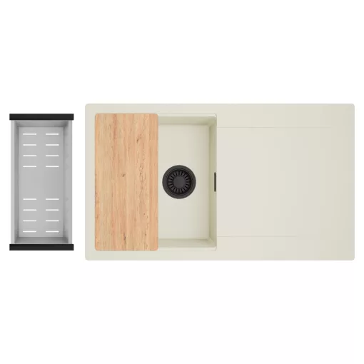 HD Onyx White 86 egymedencés gránit mosogatótálca szett, vágódeszkával, csepegtetőtálcával, vágódeszkával, acél csepegtetőkosárral, tört fehér színben, matt fekete leeresztő szifonnal